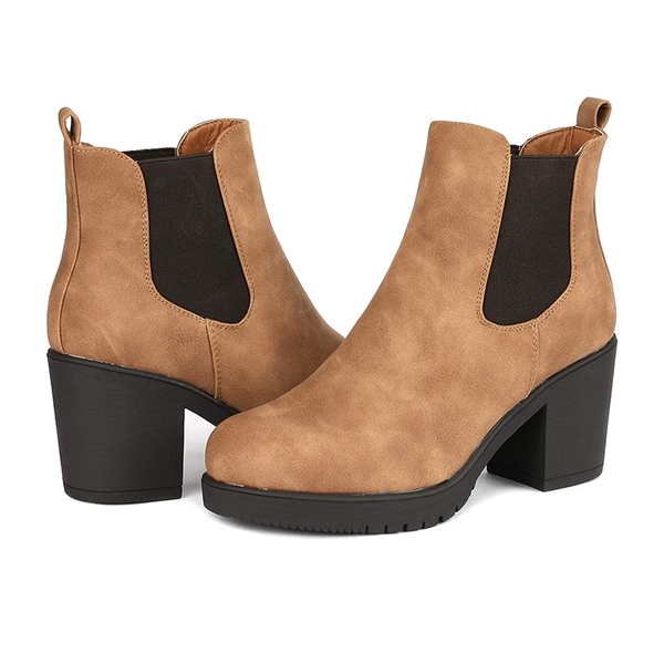 Chunky High Heel Chelsea Ankle Boots - CAMEL PU - 4